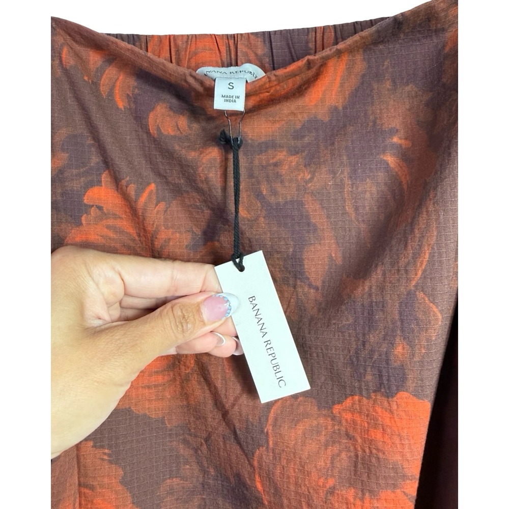 Banana Republic Floral Puff Sleeve Top Brown Orange Square Neck Small NWT - Picture 2 of 6